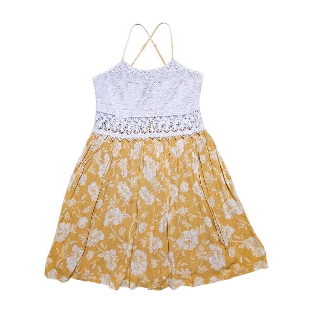 Wmns Crochet & Yellow Floral Sundress Sz LG Lace Cutout Feminine Coquette Boho - Picture 7 of 16